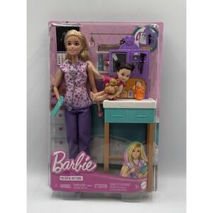 Barbie Pediatrician Doll and Doctor Playset with Accessories, Purple Scrubs NEW